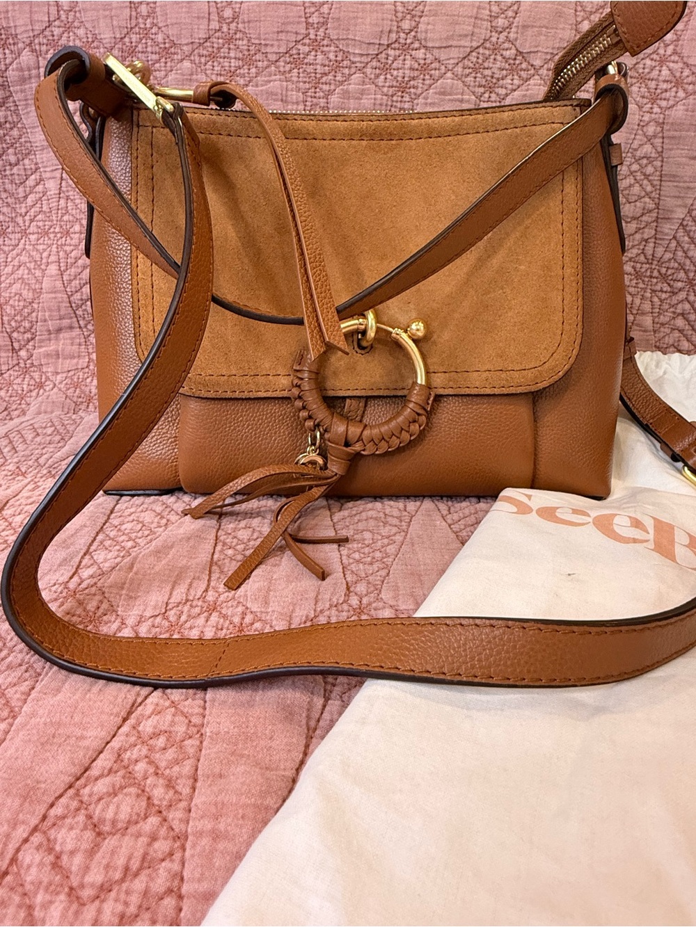 See by Chloé Joan Crossbody Tan Leather Suede Gold Ring Tassel Dust Bag
